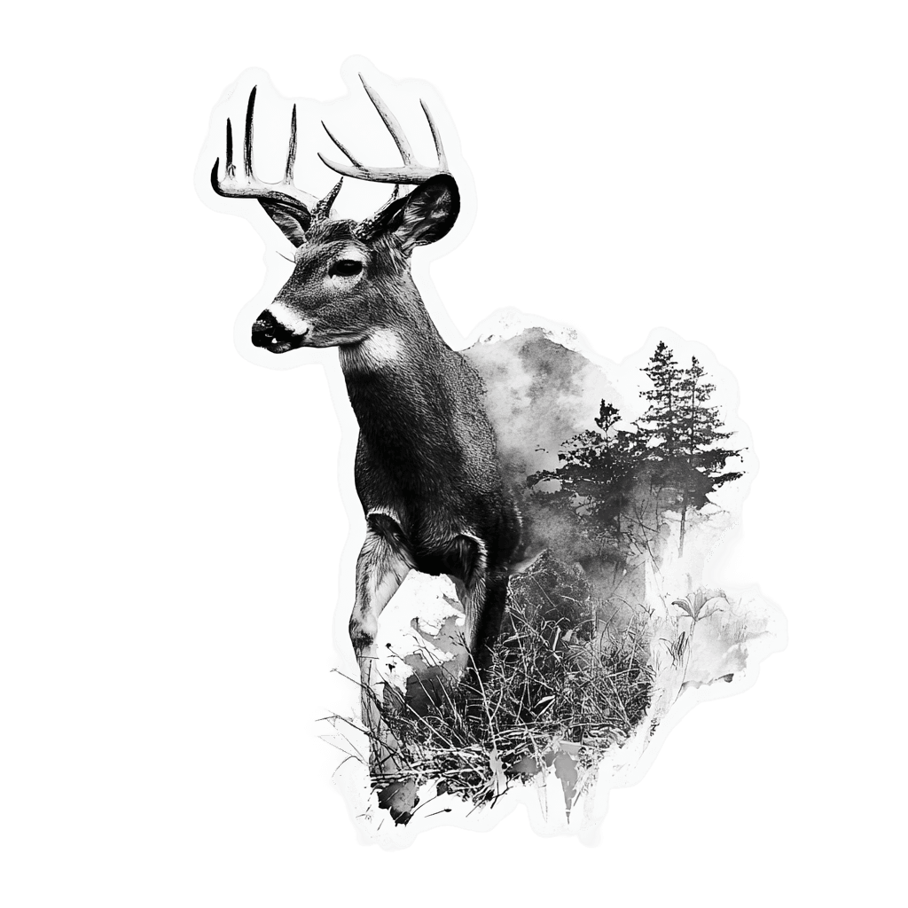 Black and white deer merged with a forest landscape.