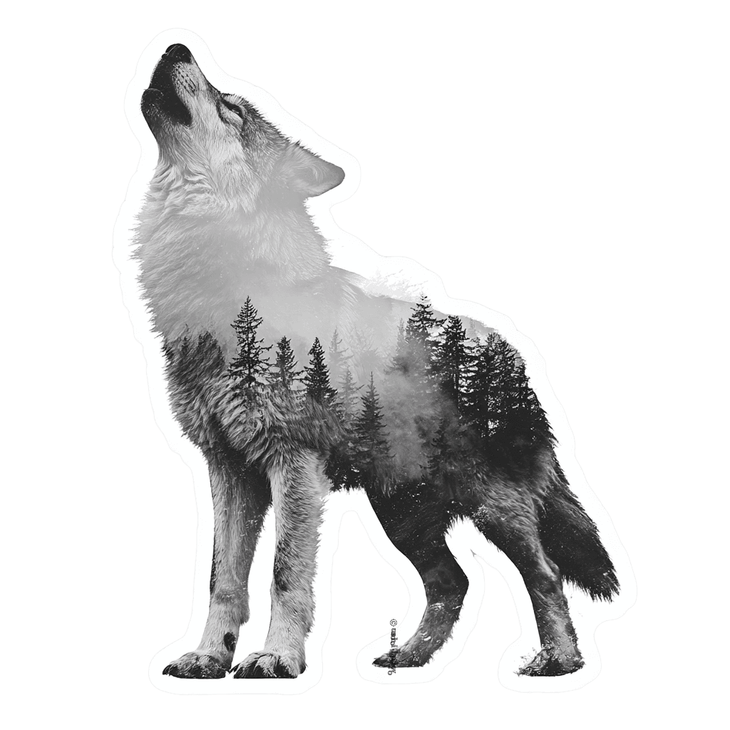 Grayscale image of a wolf howling with a forest scene within its silhouette.