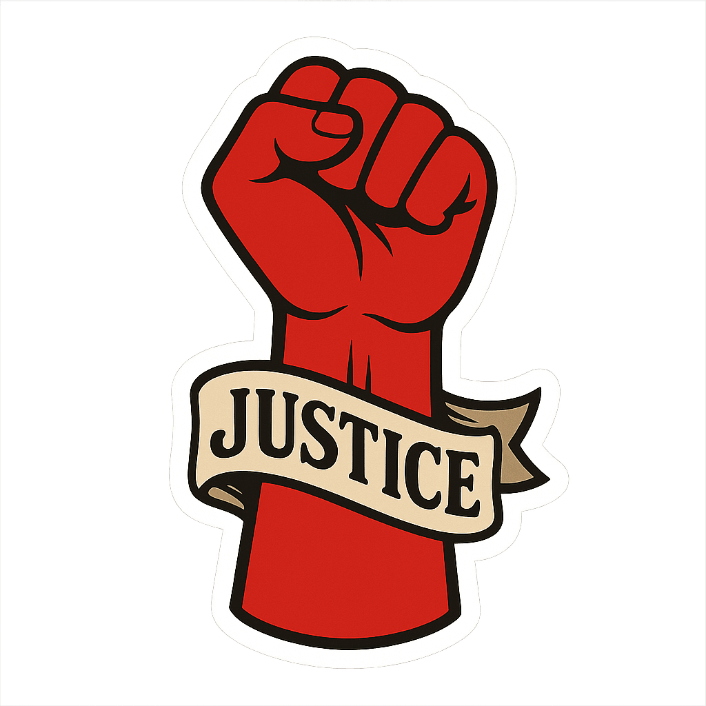 A red raised fist with a banner reading 'JUSTICE'.