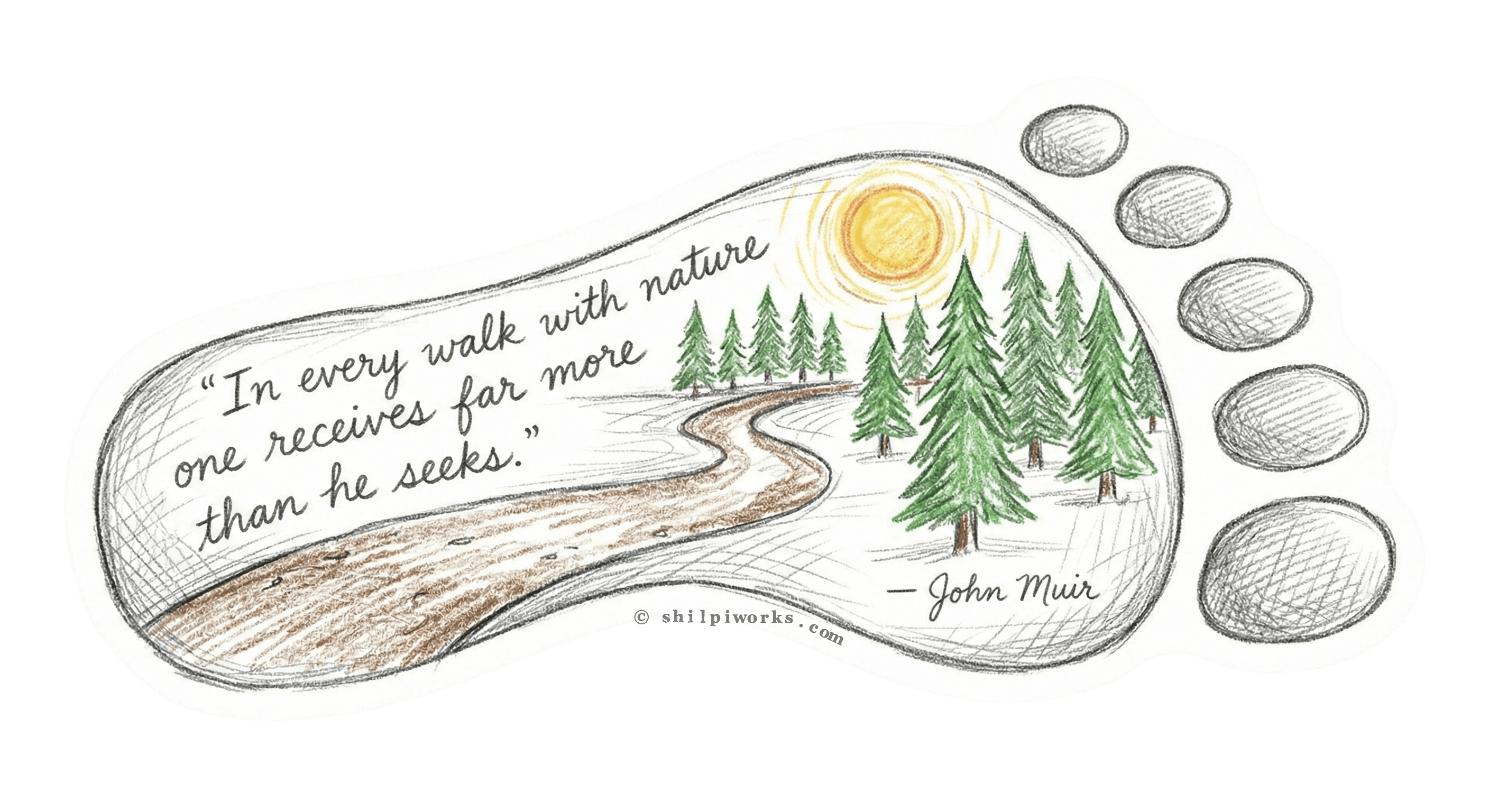 Foot-shaped sticker featuring a winding path through trees and a motivational quote by John Muir.