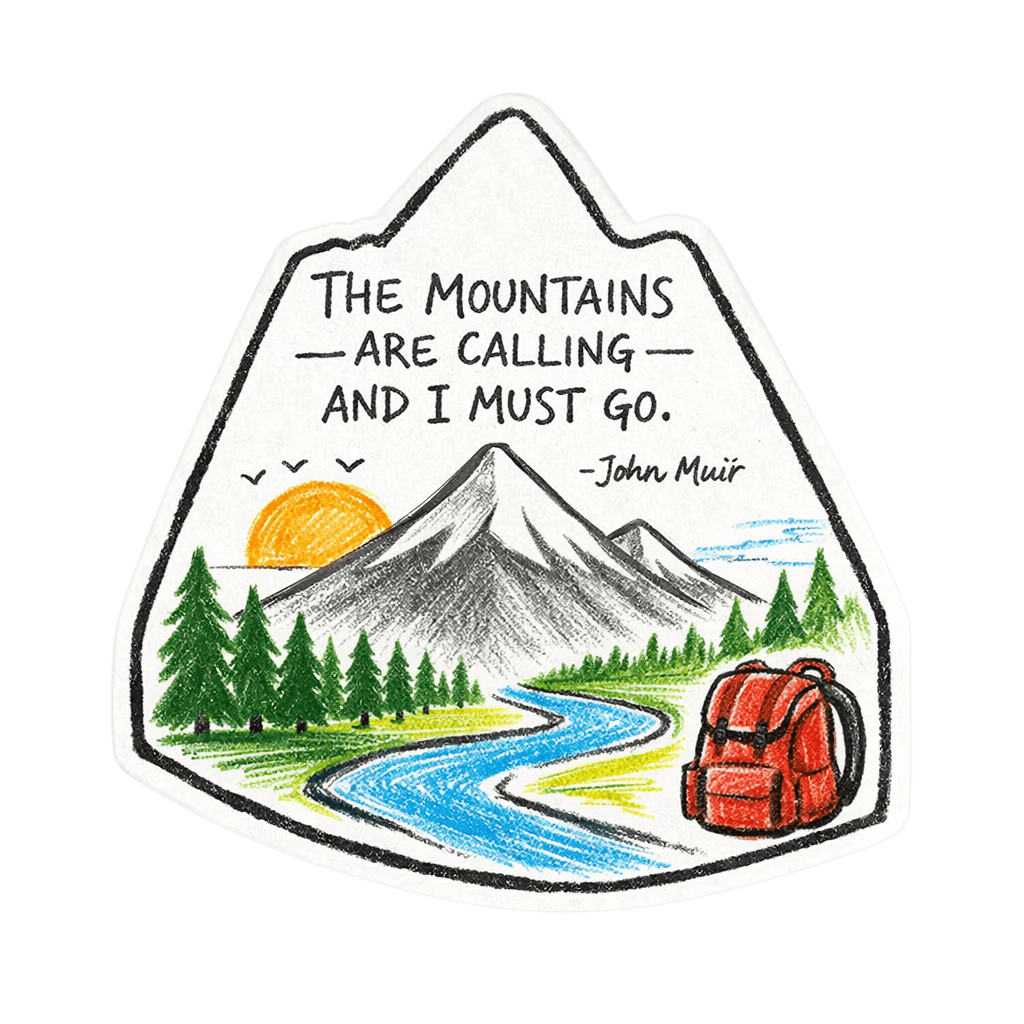 Hand-drawn sticker featuring mountains, a river, trees, and a red backpack with the quote 'The Mountains Are Calling - And I Must Go' by John Muir.