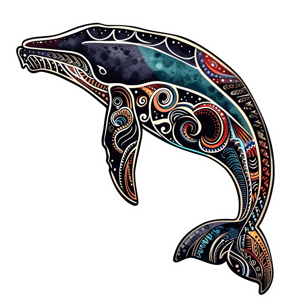 A die-cut vinyl sticker of a whale silhouette filled with colorful, intricate patterns including swirls, dots, and geometric shapes on a black background with a white border.