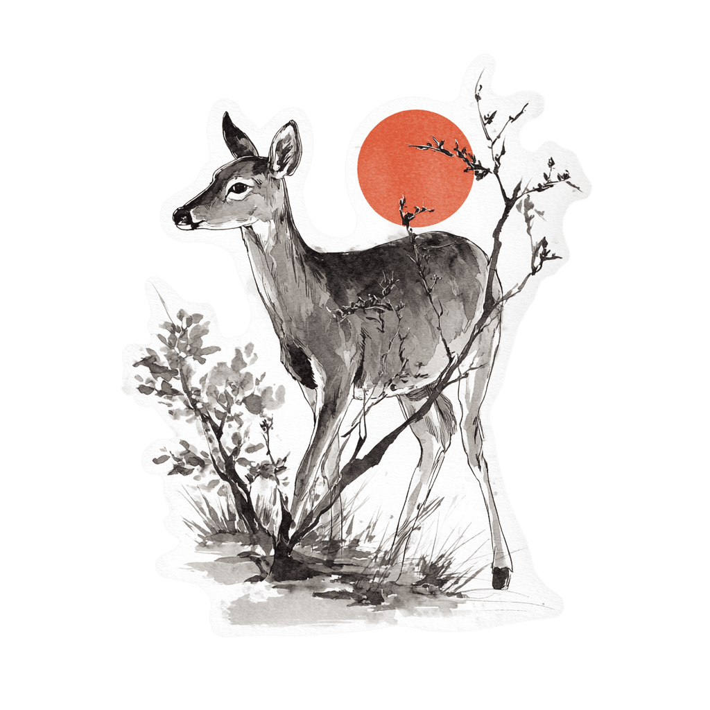 Watercolor-style illustration of a deer standing in a natural setting with an orange sun.
