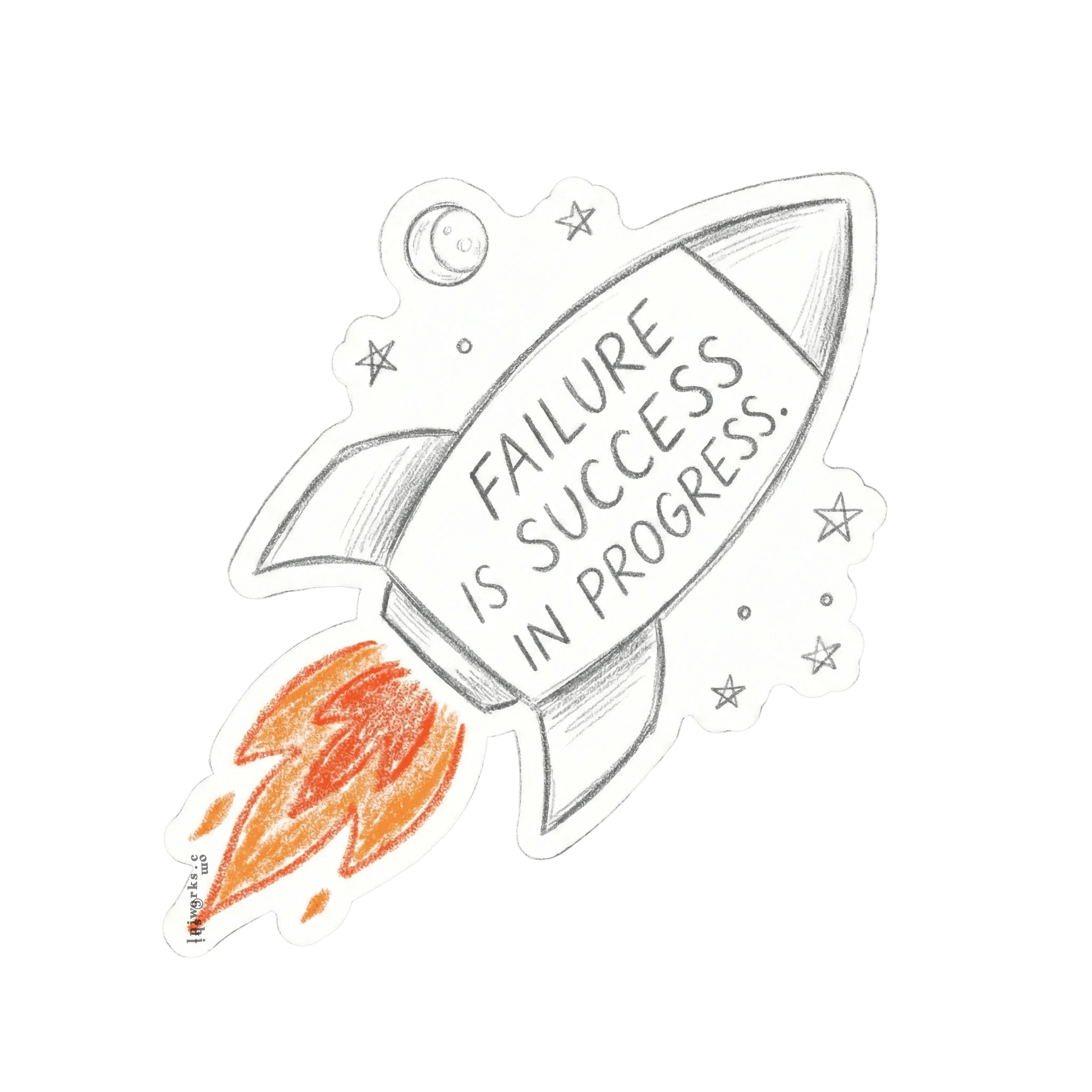 A cartoon rocket with the text 'FAILURE IS SUCCESS IN PROGRESS' against a starry background