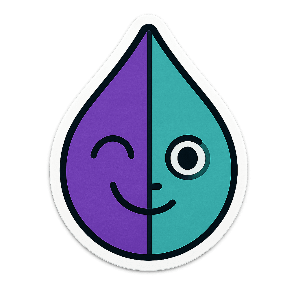 Die-cut art piece featuring a purple and blue geometric split-face with winking and open eyes.