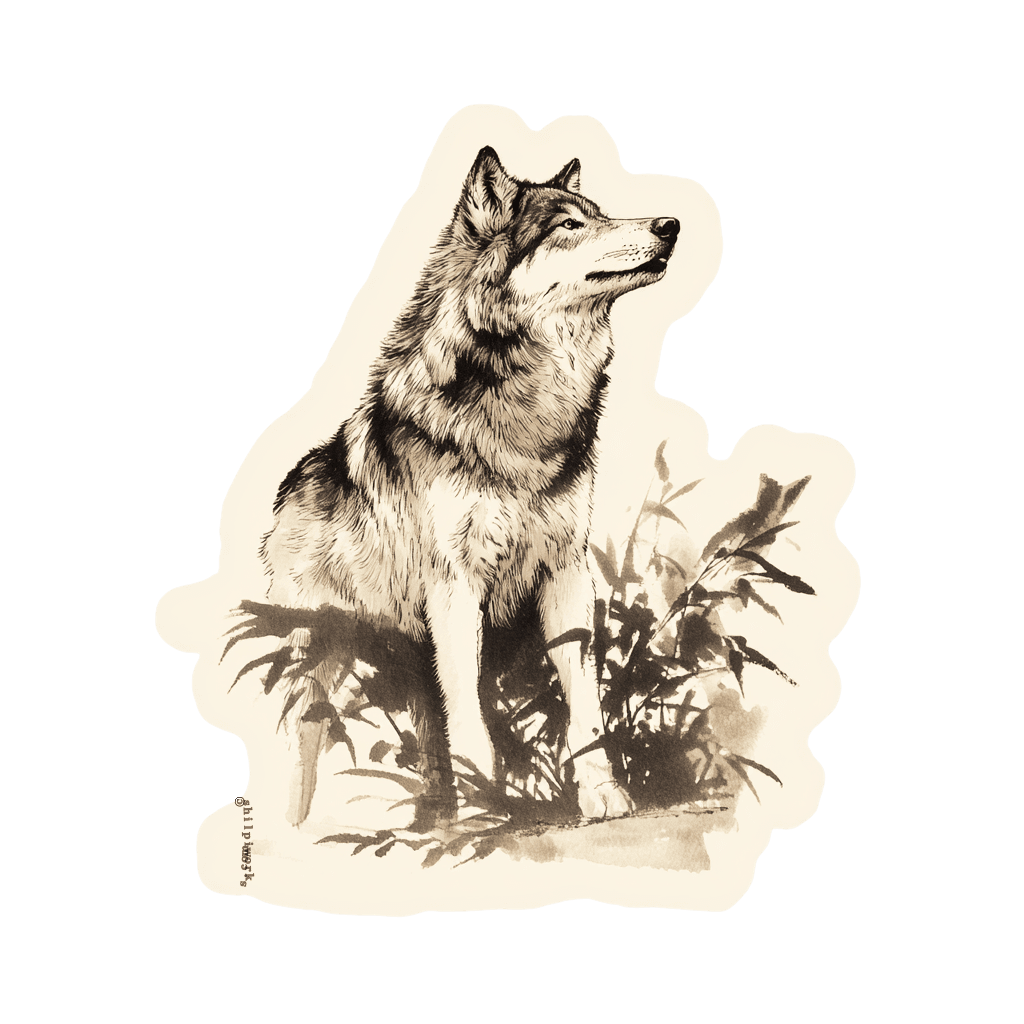 Illustration of a wolf sitting among grasses in sepia tones.