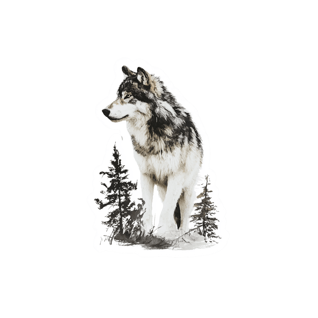 Illustration of a wolf standing among pine trees.