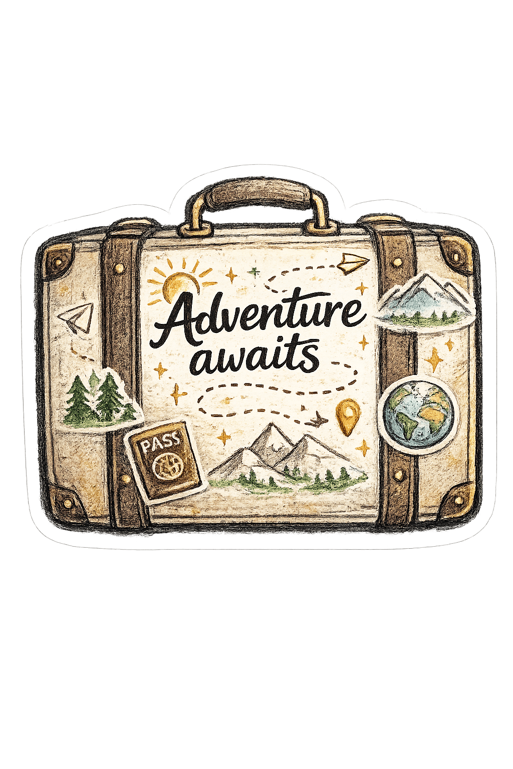 Illustration of a vintage suitcase with travel themed images and the text 'Adventure awaits'.