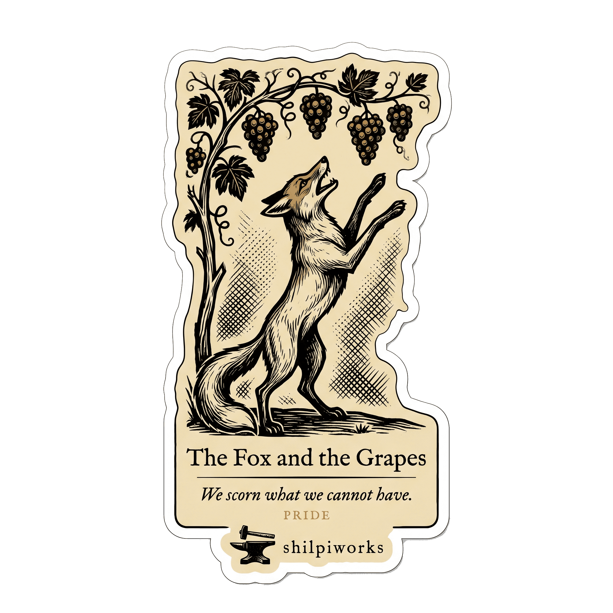 The Fox and the Grapes woodcut sticker