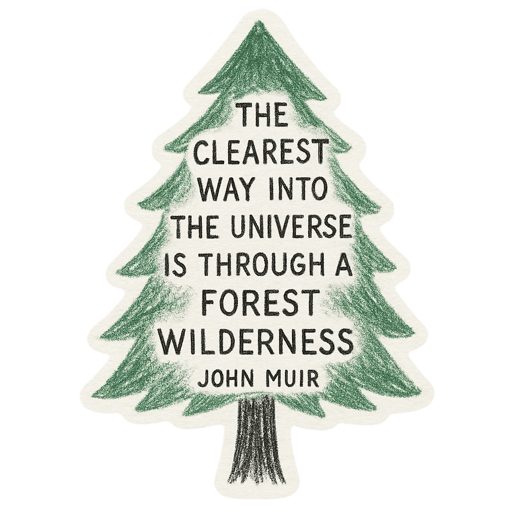 A sticker shaped like an evergreen tree featuring the quote 'The clearest way into the universe is through a forest wilderness.' by John Muir.
