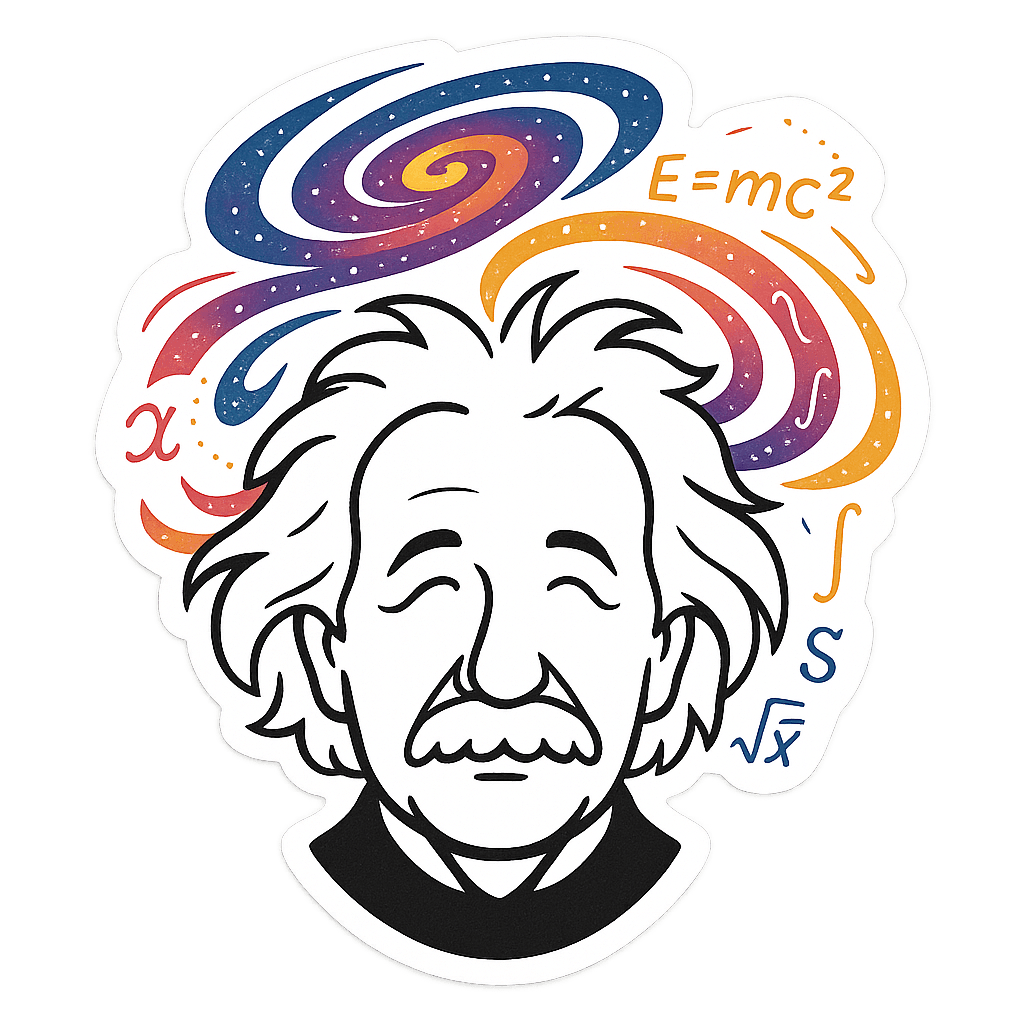 Stylized depiction of Albert Einstein with swirling cosmos and equations surrounding his head.