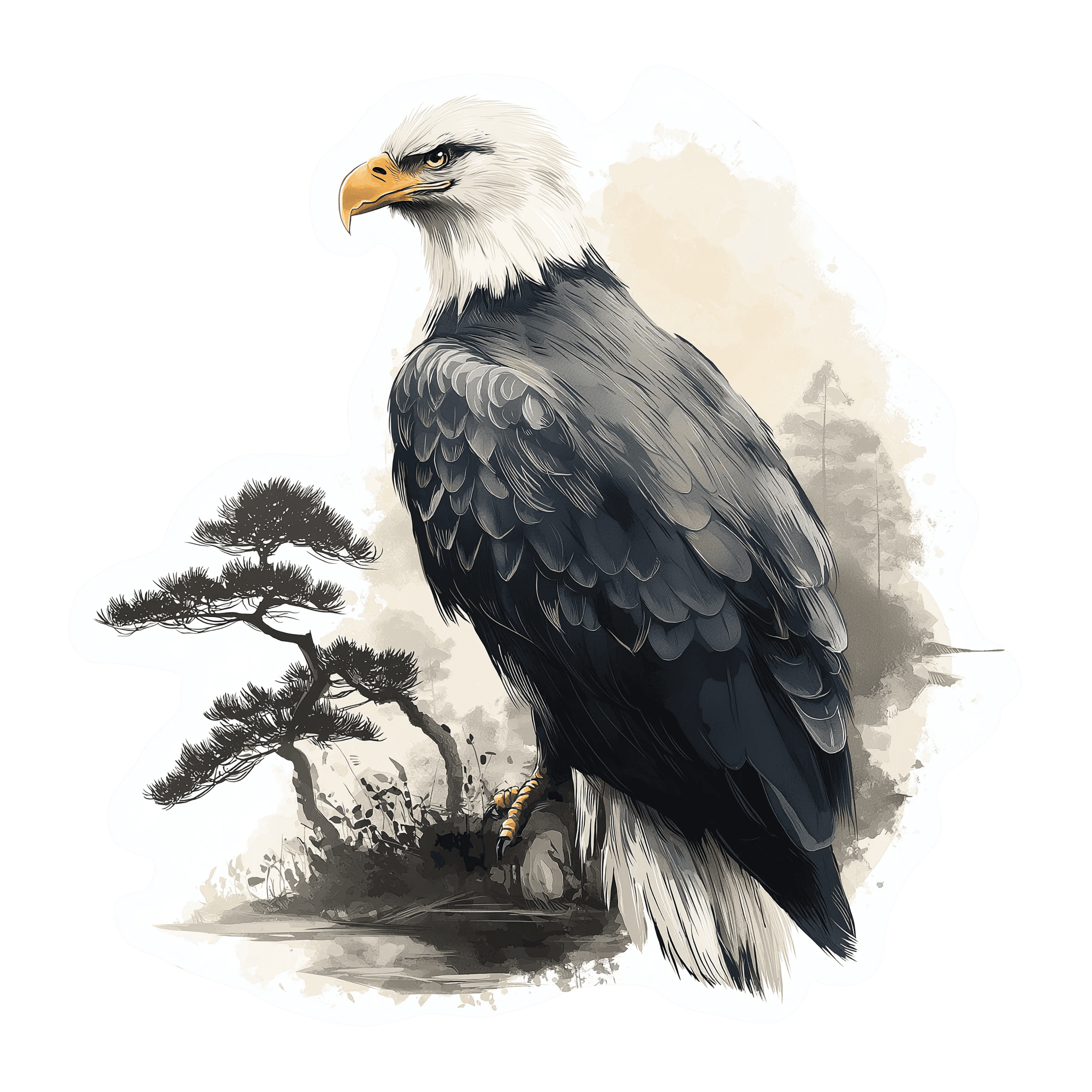 Illustration of a bald eagle perched near water and pine trees.