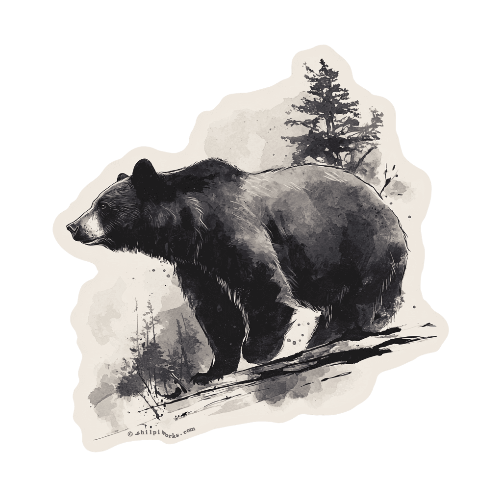 Monochrome illustration of a bear walking on a log.