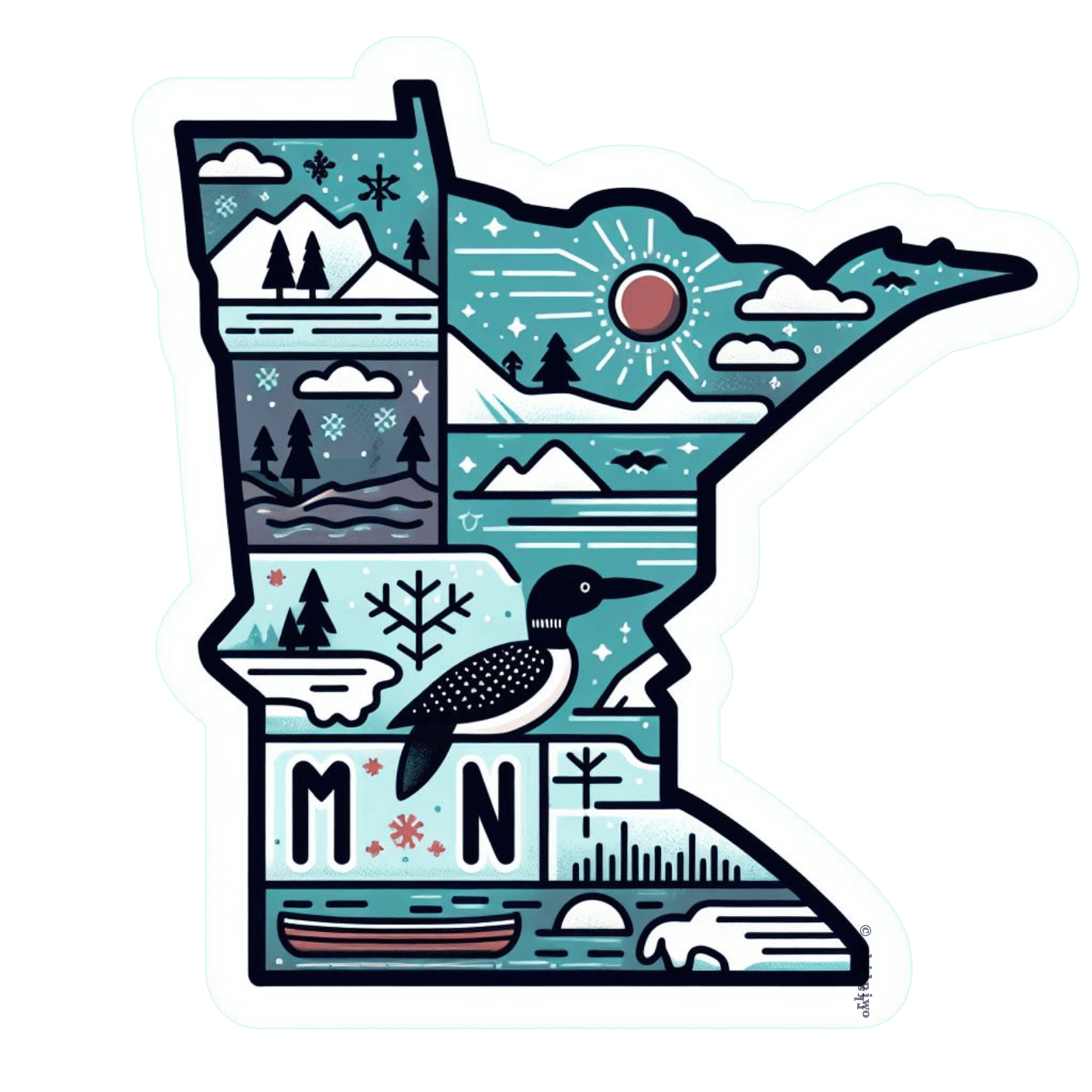 Geometric sticker representing Minnesota's natural landscape with mountains, lakes, and a loon.