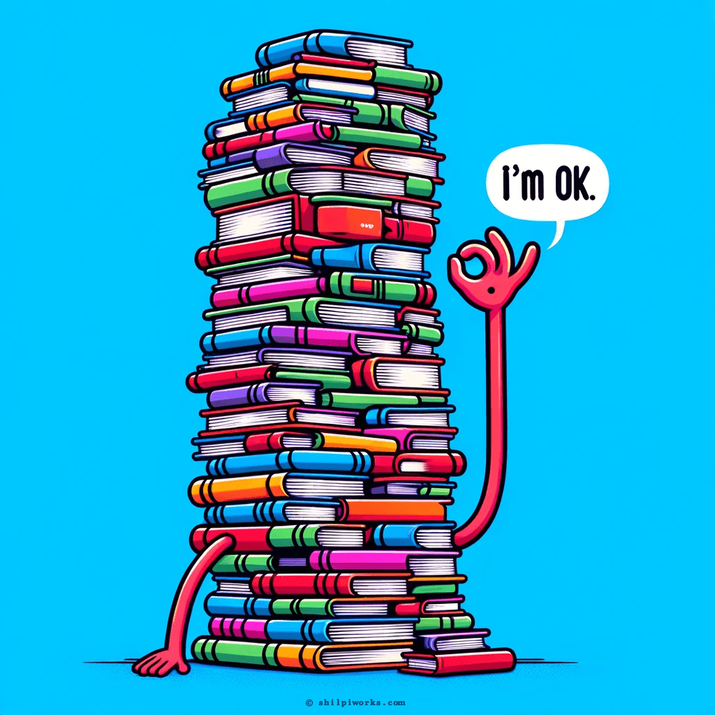 Colorful stack of books with a hand giving an 'OK' sign and the text 'I'm OK.'