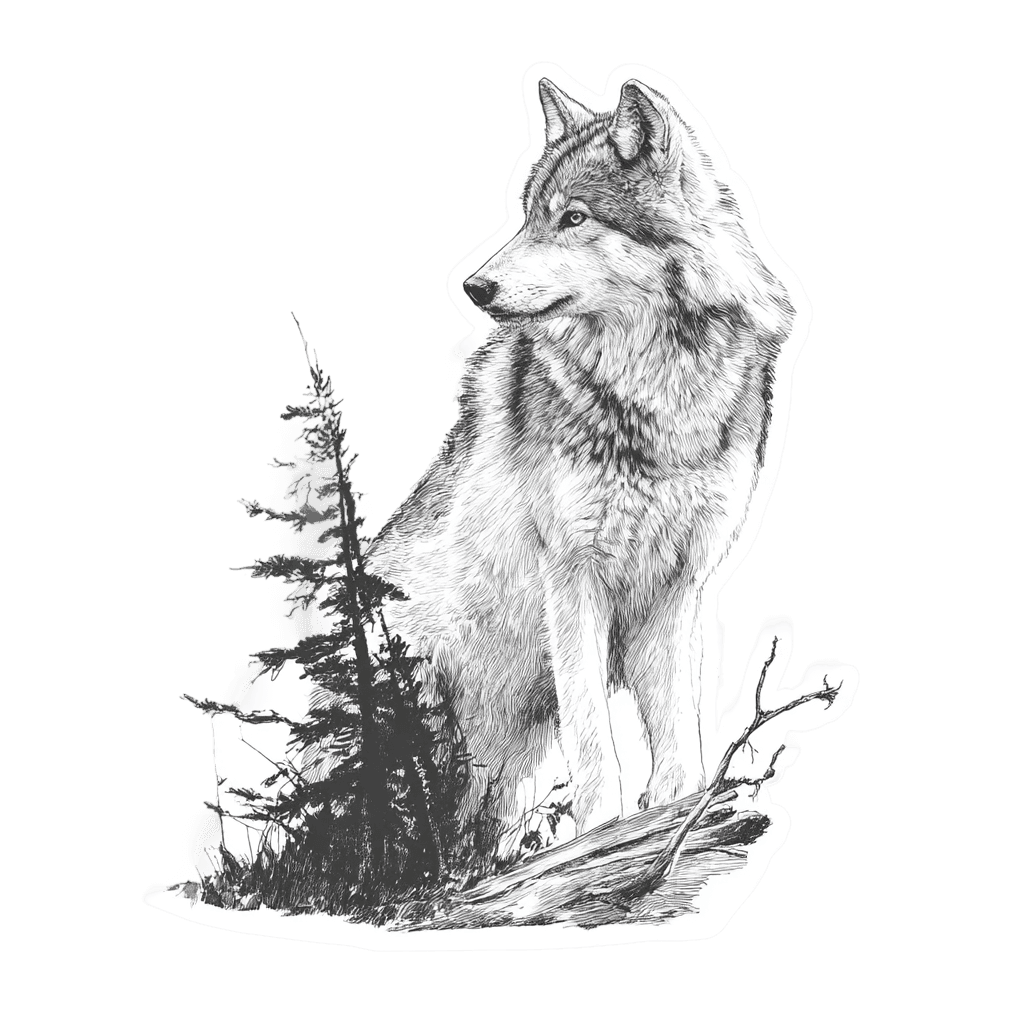 Detailed grayscale illustration of a wolf sitting next to a pine tree.
