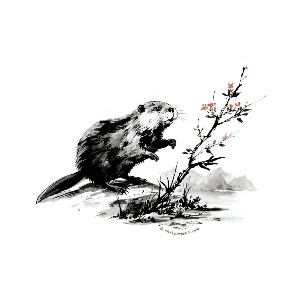 Illustration of a beaver standing next to a flowering branch with a mountain and water background.