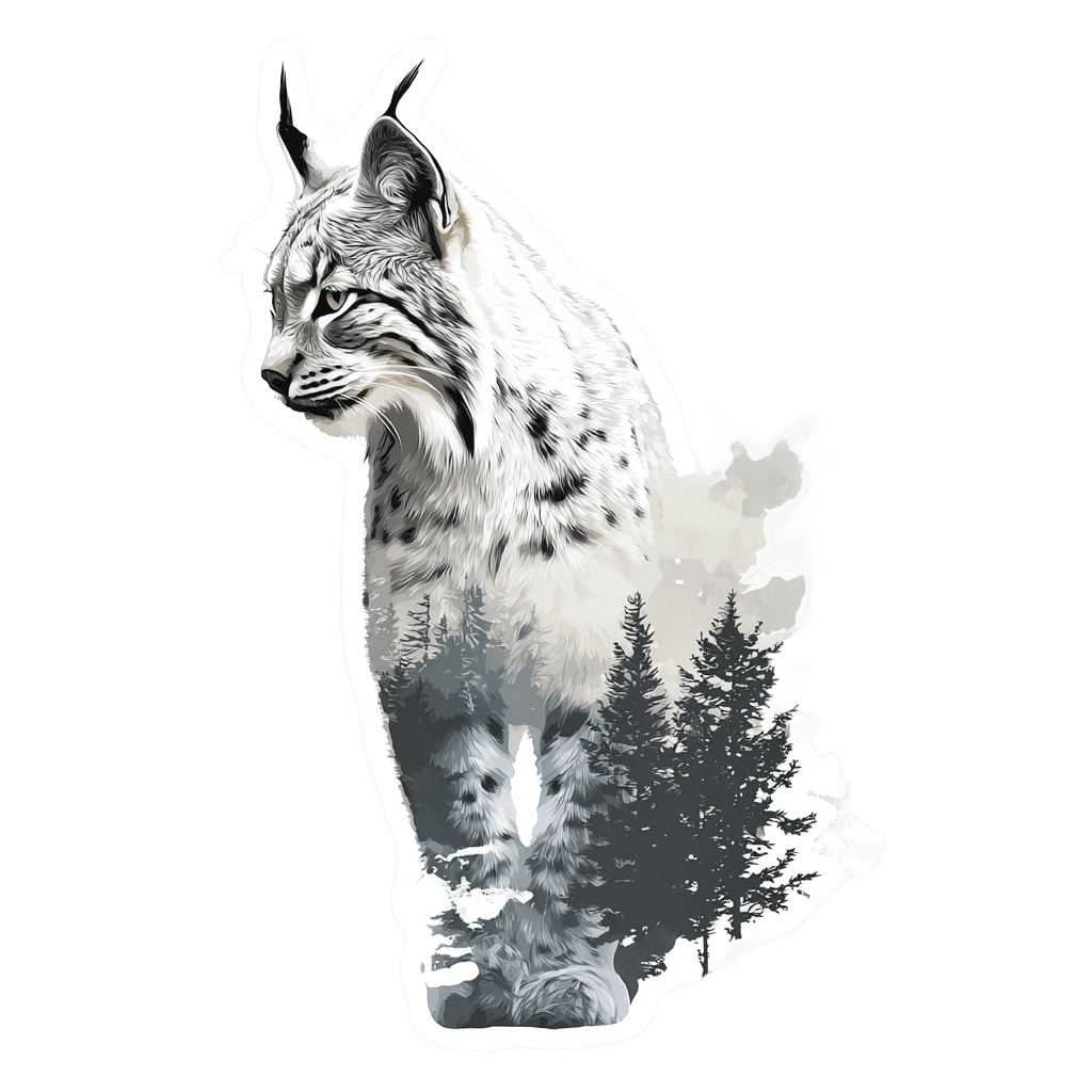 Artistic lynx with a forest scene integrated into its body.