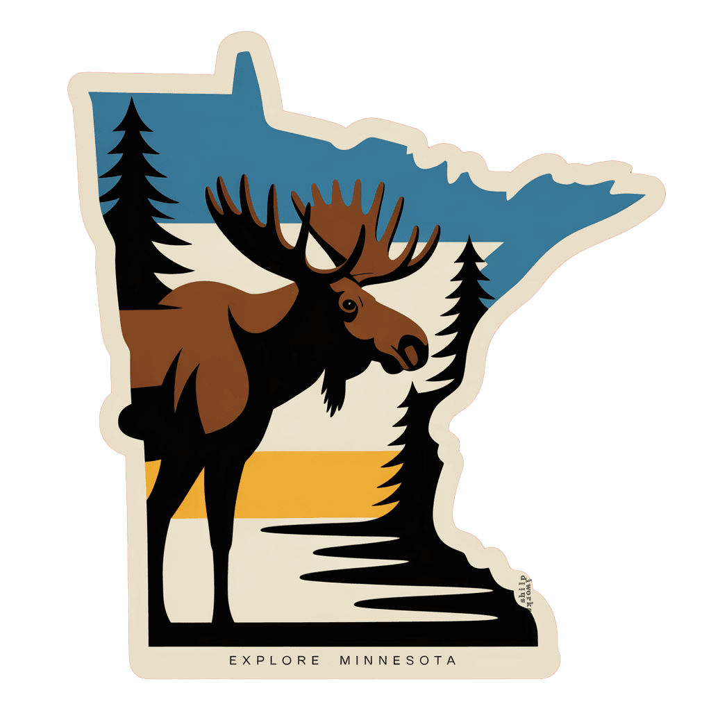 Stylized graphic art of Minnesota featuring a moose and pine trees