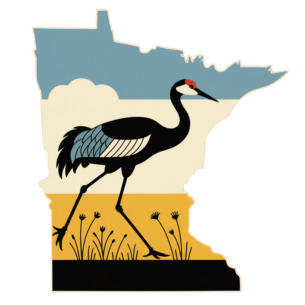 Geometric art graphic of a crane walking across a field, set within the silhouette of Minnesota.