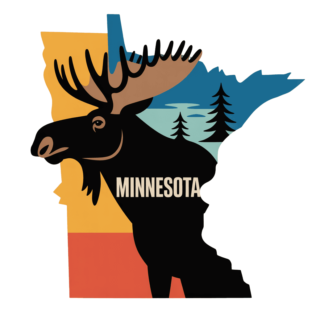 Art featuring a moose silhouette on an outline of Minnesota.