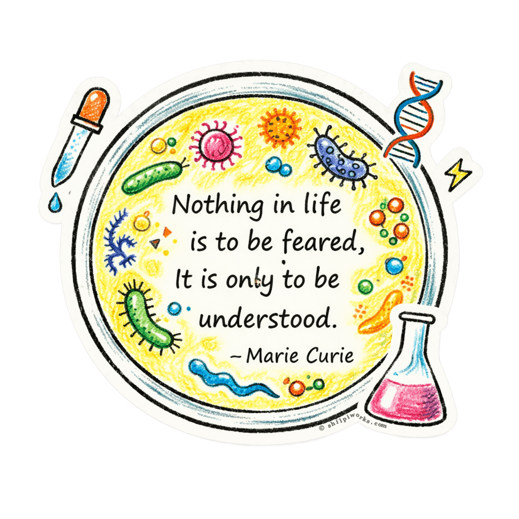 A colorful sticker featuring a petri dish filled with microbes and a quote by Marie Curie about understanding life.