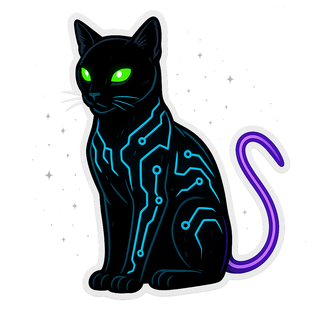 Black cat with circuit board design and green eyes, purple tail on a gray background with stars.