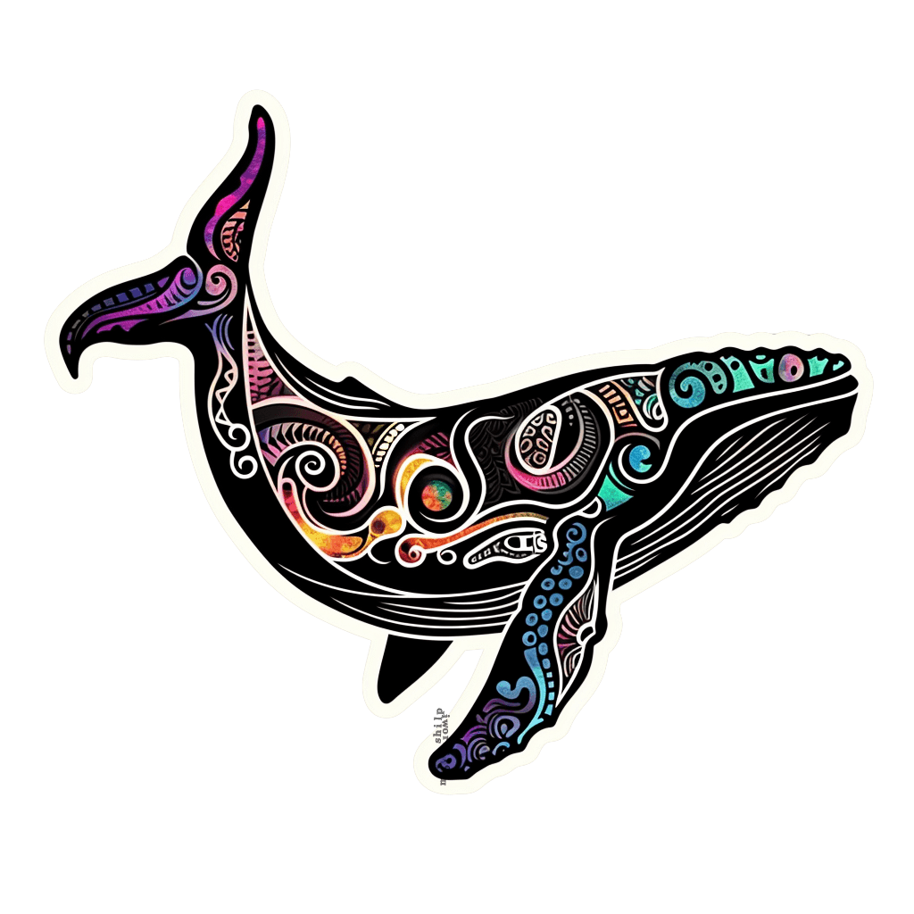 A die-cut vinyl sticker of a whale silhouette filled with colorful, intricate mandala and tribal patterns in purple, blue, and orange on a black background.