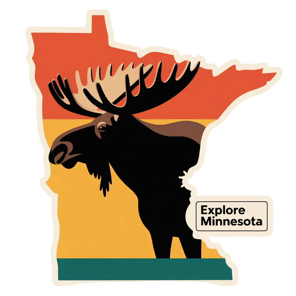 Minnesota shaped decal with a moose silhouette and the words 'Explore Minnesota'.