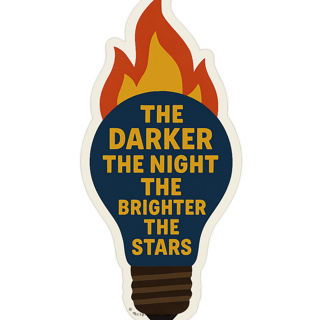 Lightbulb with flame and the quote 'THE DARKER THE NIGHT THE BRIGHTER THE STARS'