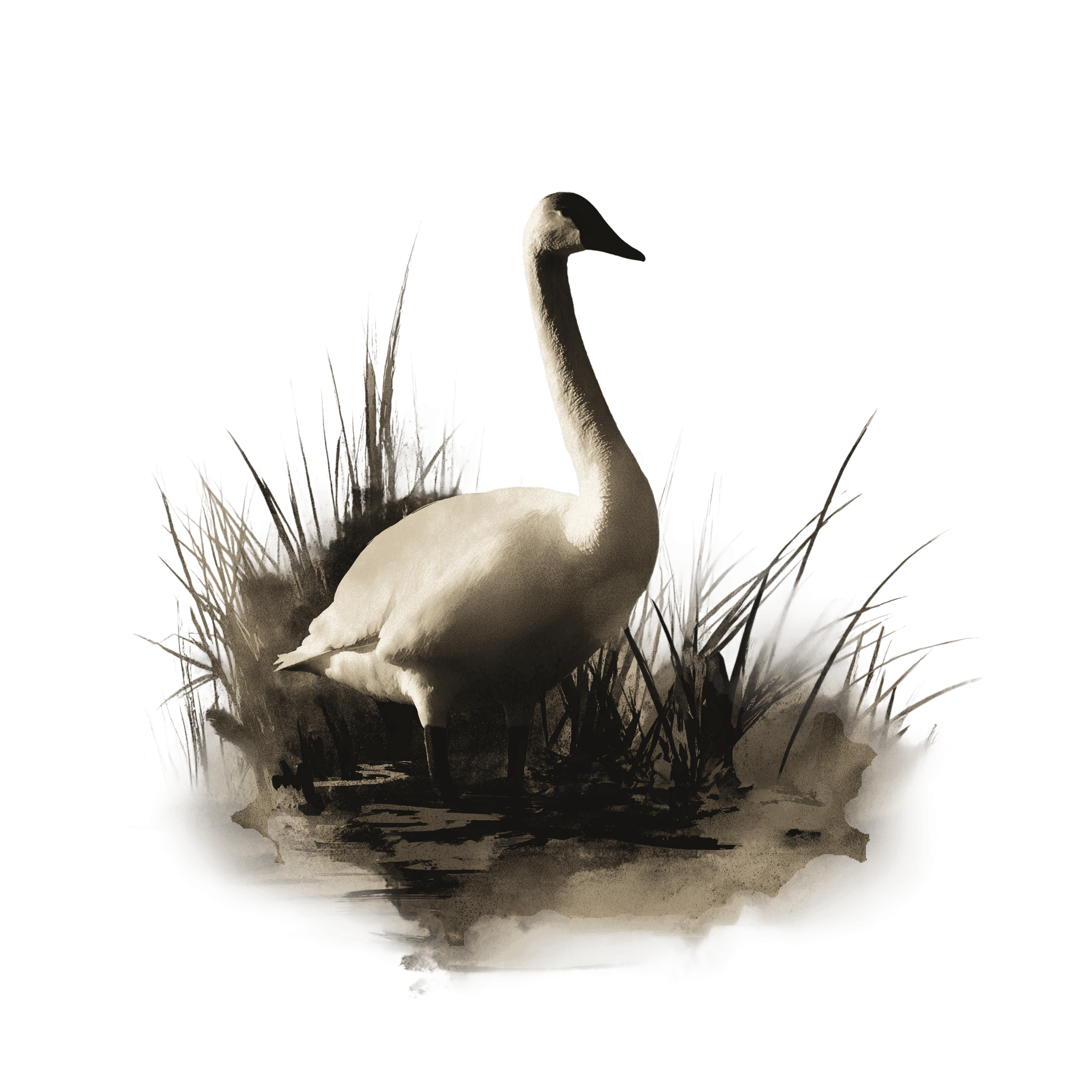 Sepia-toned swan standing in tall grass near water