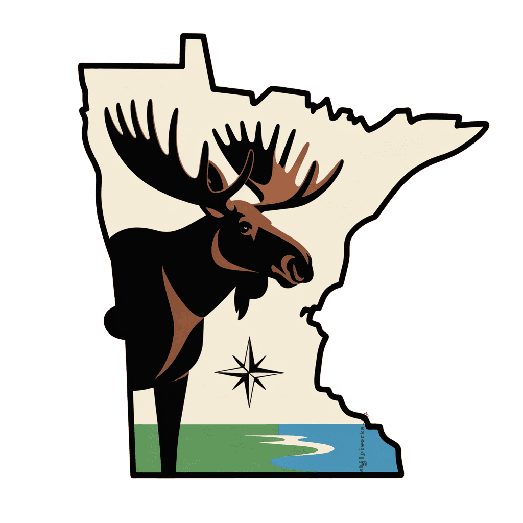 Minnesota outline art with moose head, lake scene and compass