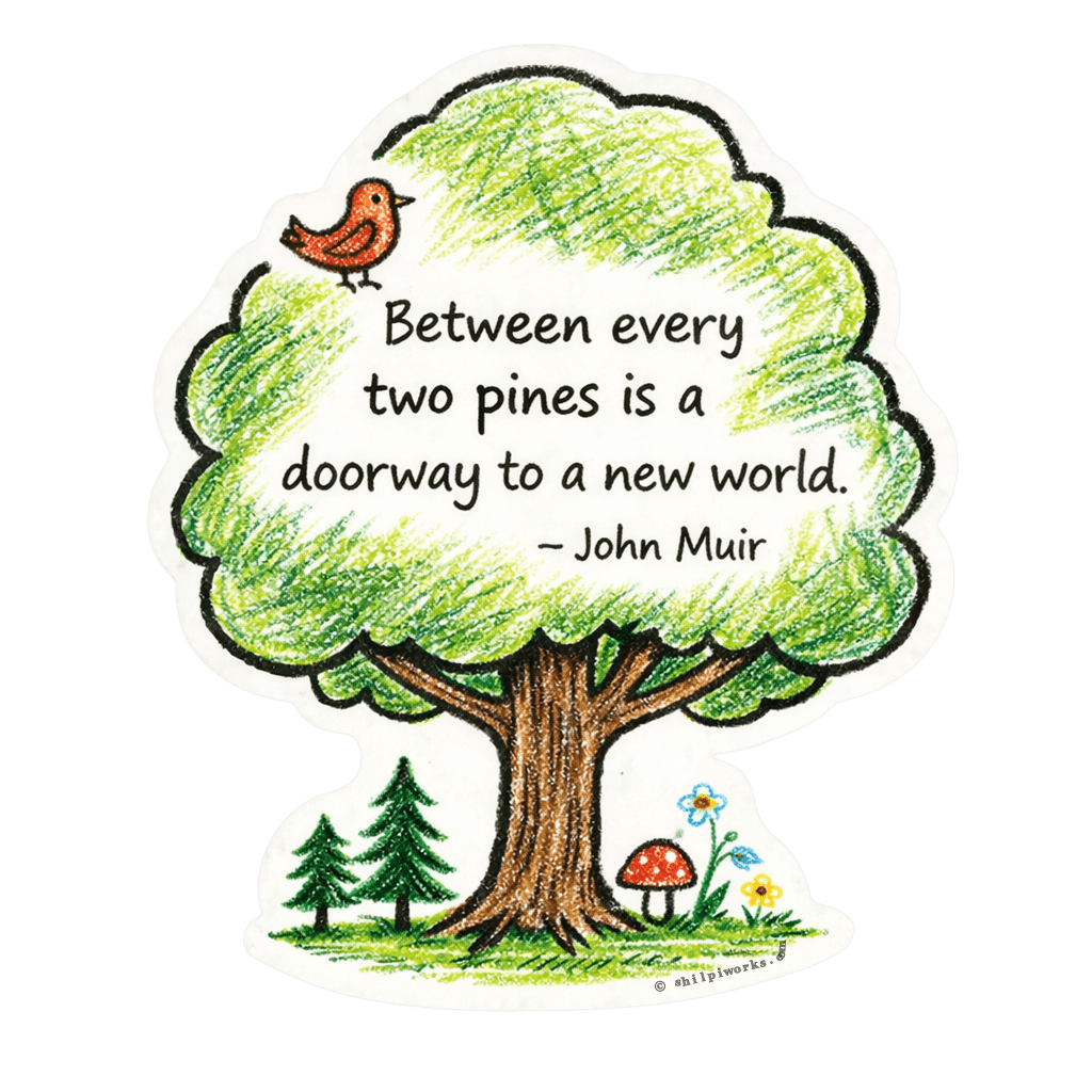 Illustration of a green tree with a bird, featuring the quote 'Between every two pines is a doorway to a new world.' - John Muir.