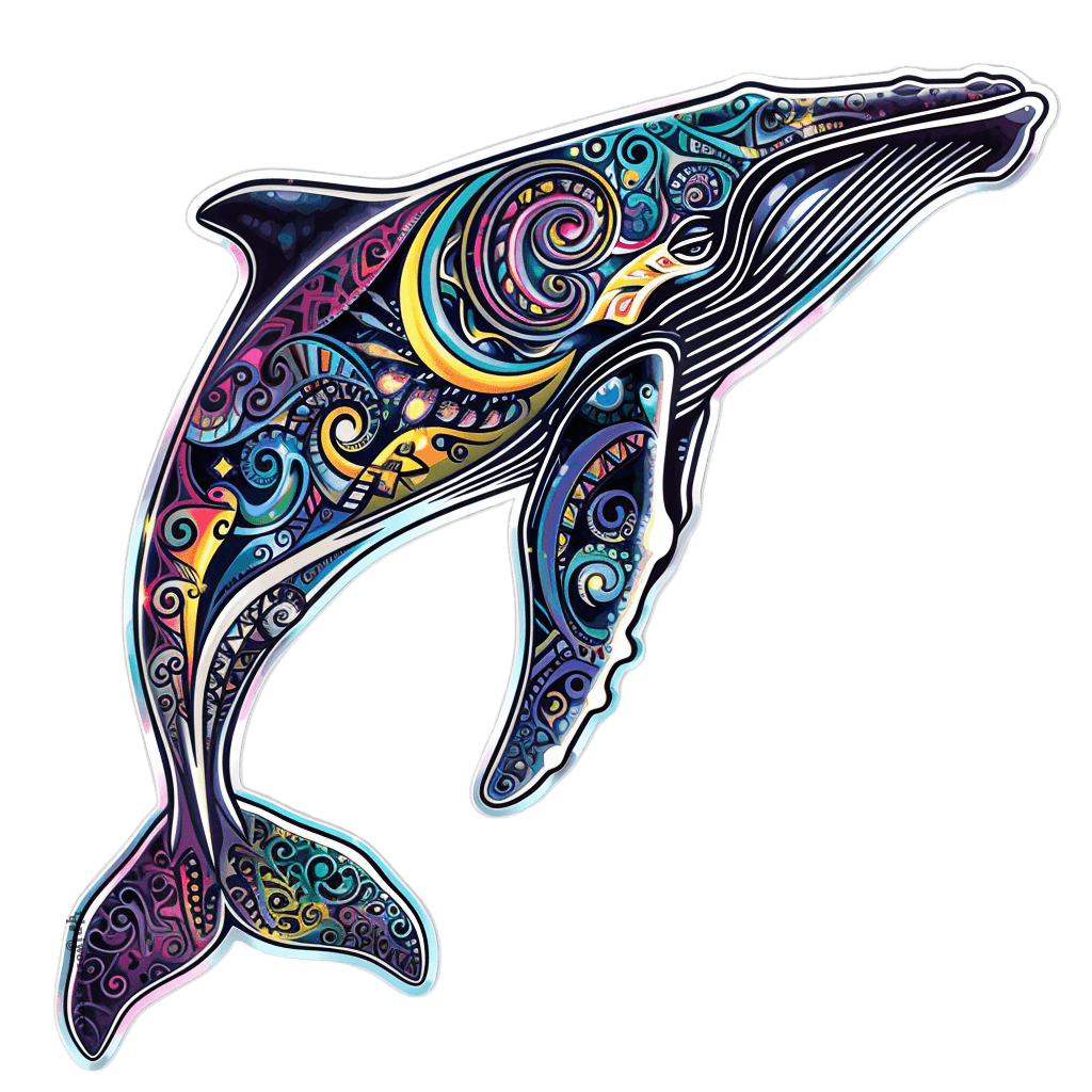An artistic die-cut sticker of a humpback whale filled with complex, colorful zentangle and mandala patterns in shades of blue, purple, and yellow.