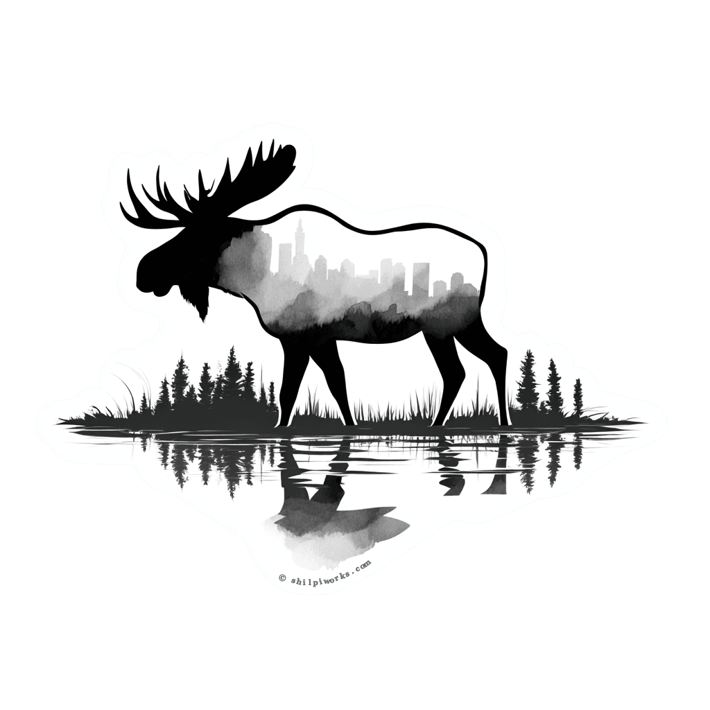 Black and white vinyl sticker of a moose silhouette with a cityscape inside its body, reflected in water.