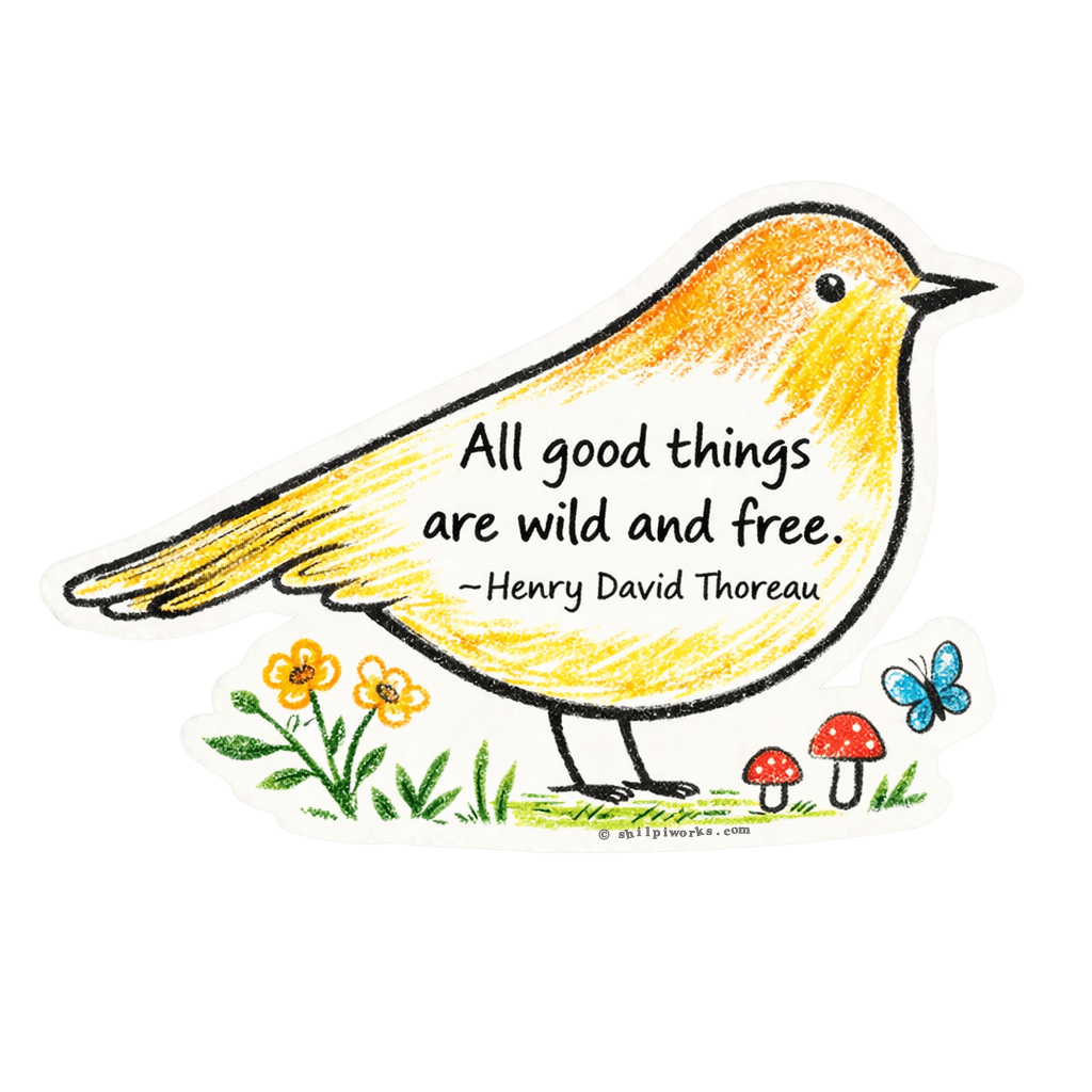 A colorful sticker featuring a yellow bird with a quote about freedom, surrounded by flowers and mushrooms.