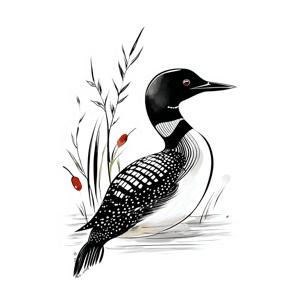 Vinyl sticker featuring a loon swimming with reeds and red flowers in the background.