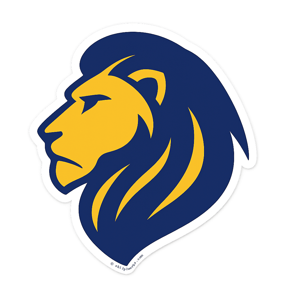 Geometric lion head in blue and gold with white outline.