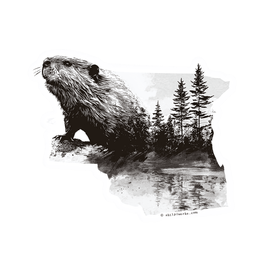 Monochrome illustration of a beaver on a rock near a lake with pine trees.