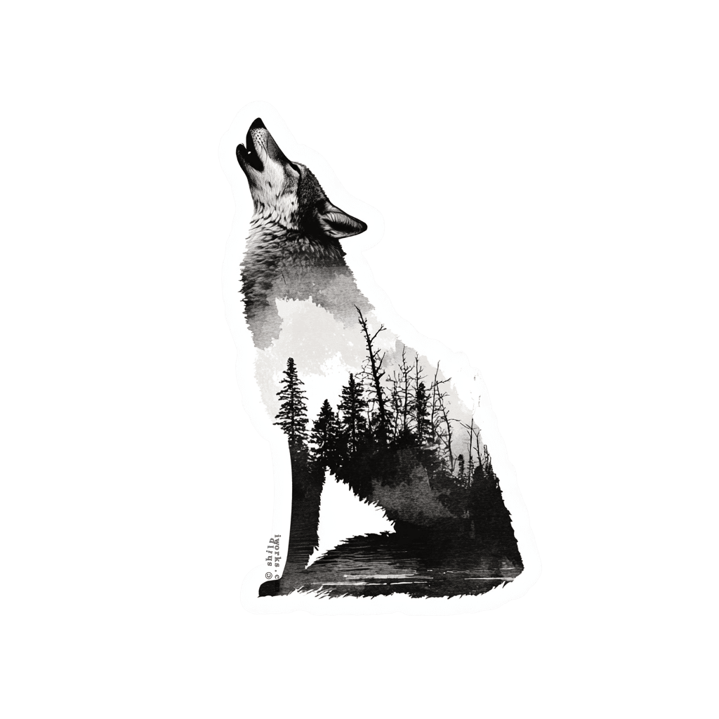 Black and white howling wolf with forest landscape inside.