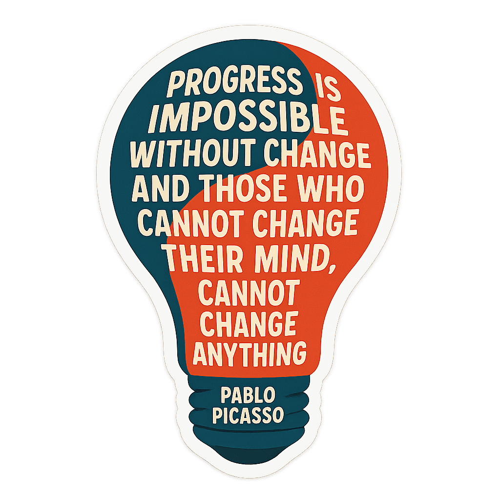Lightbulb-shaped graphic with Pablo Picasso quote about progress and change.