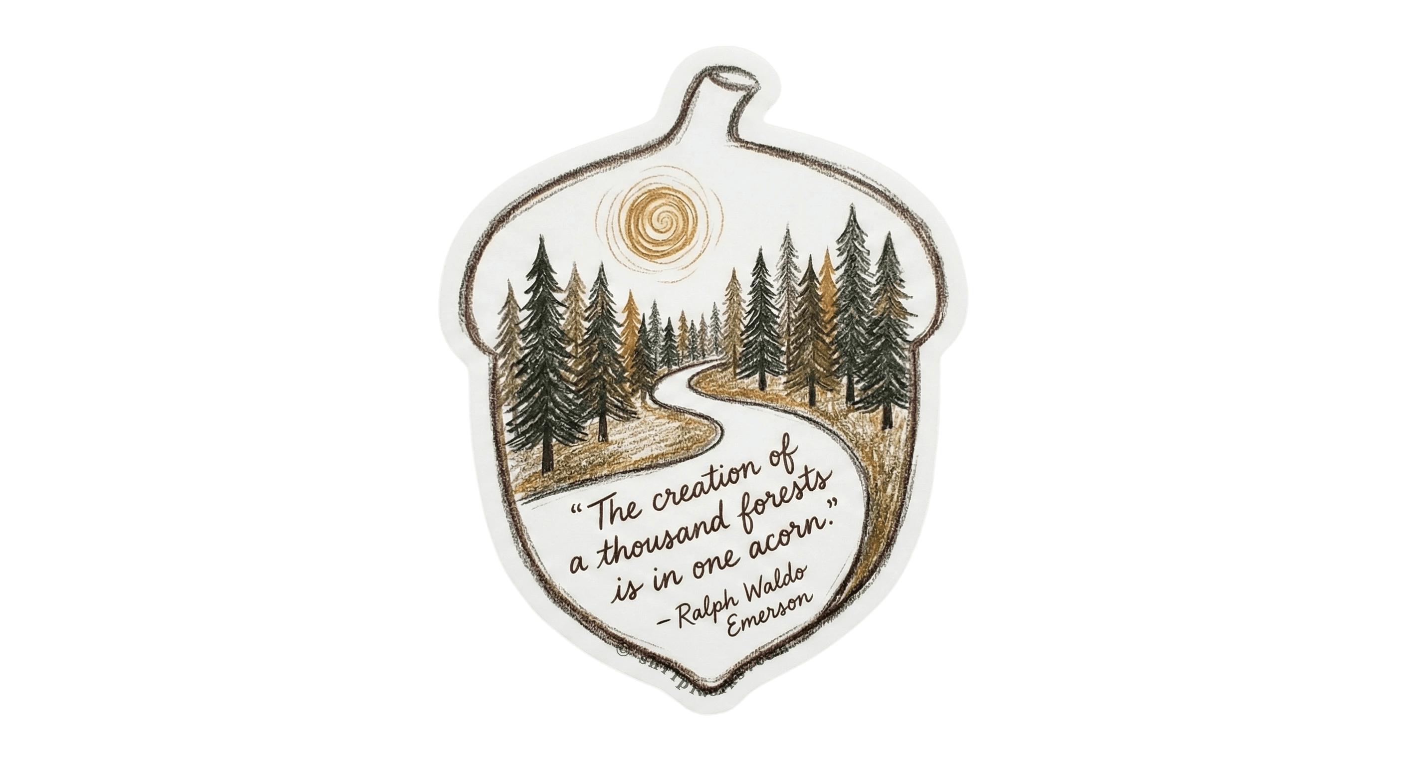 Acorn-shaped sticker with a nature scene and motivational quote by Ralph Waldo Emerson.