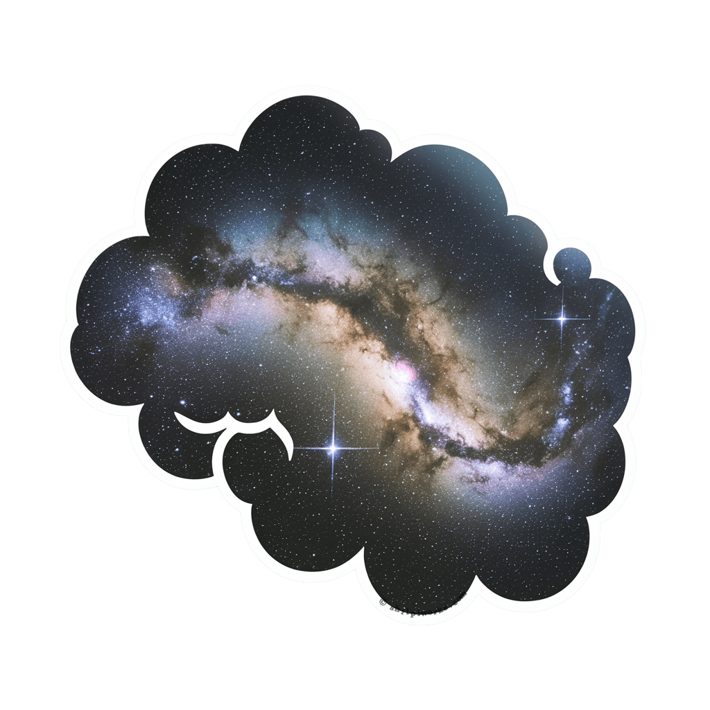 Milky Way galaxy vinyl sticker with white border, featuring vibrant blue, purple, and pink cosmic dust and stars.