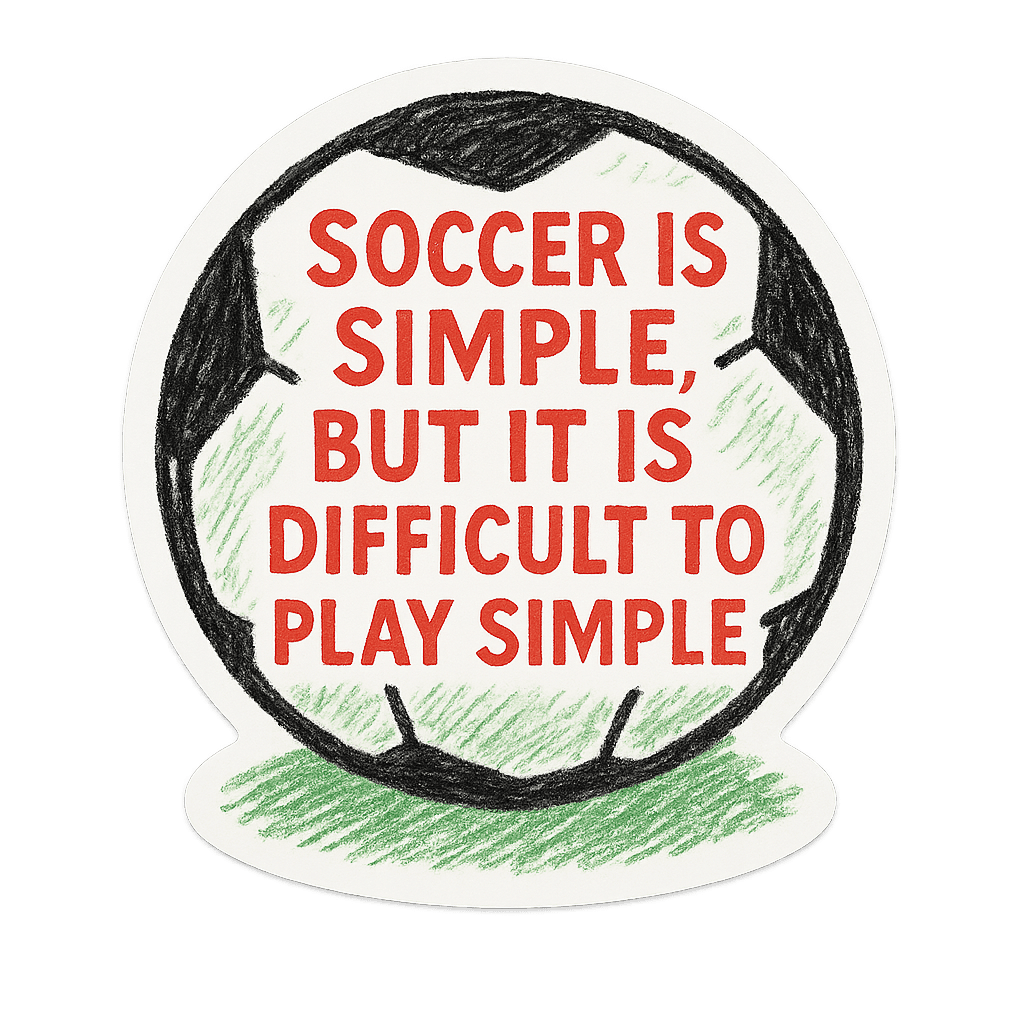 Graphic of a soccer ball with the quote 'SOCCER IS SIMPLE, BUT IT IS DIFFICULT TO PLAY SIMPLE'.