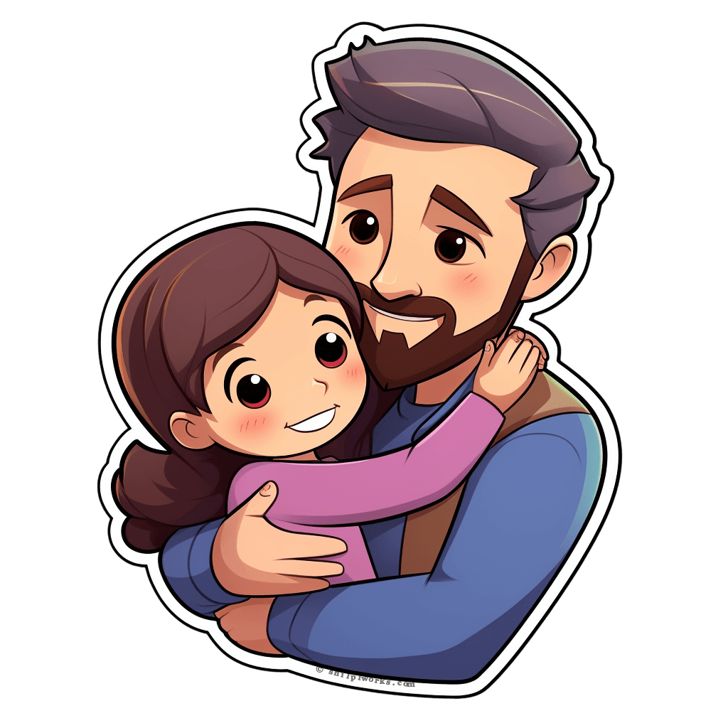 Cartoon sticker of a dad hugging his daughter, both smiling with joy.