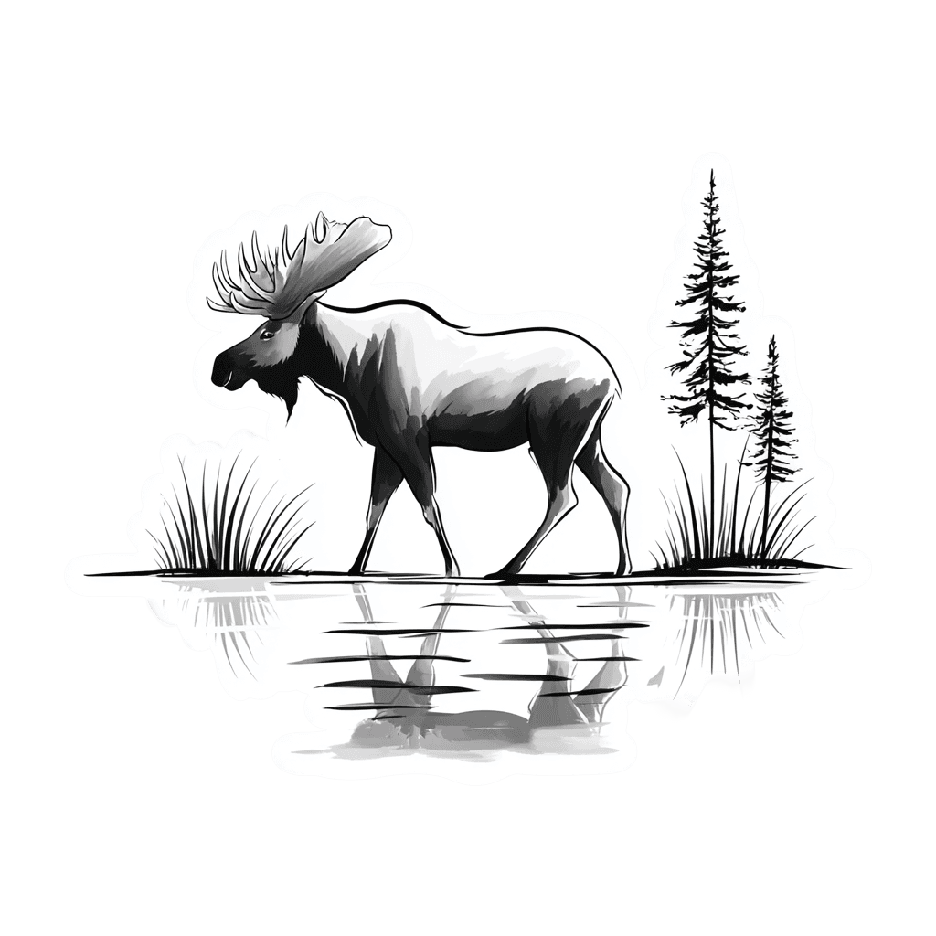 Black and white vinyl sticker of a moose standing in water with trees.
