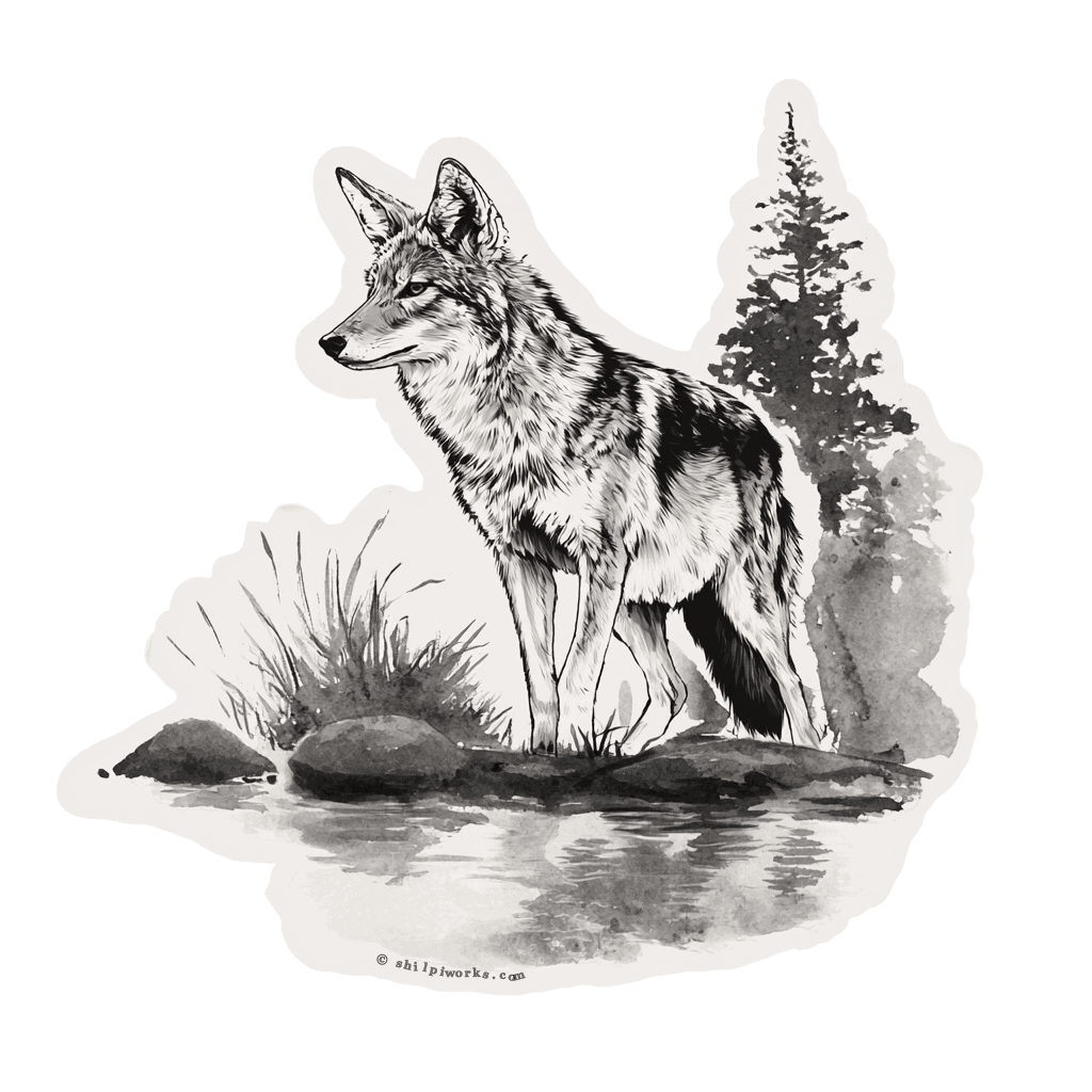 Illustration of a coyote standing near water, rendered in a black and white watercolor style.