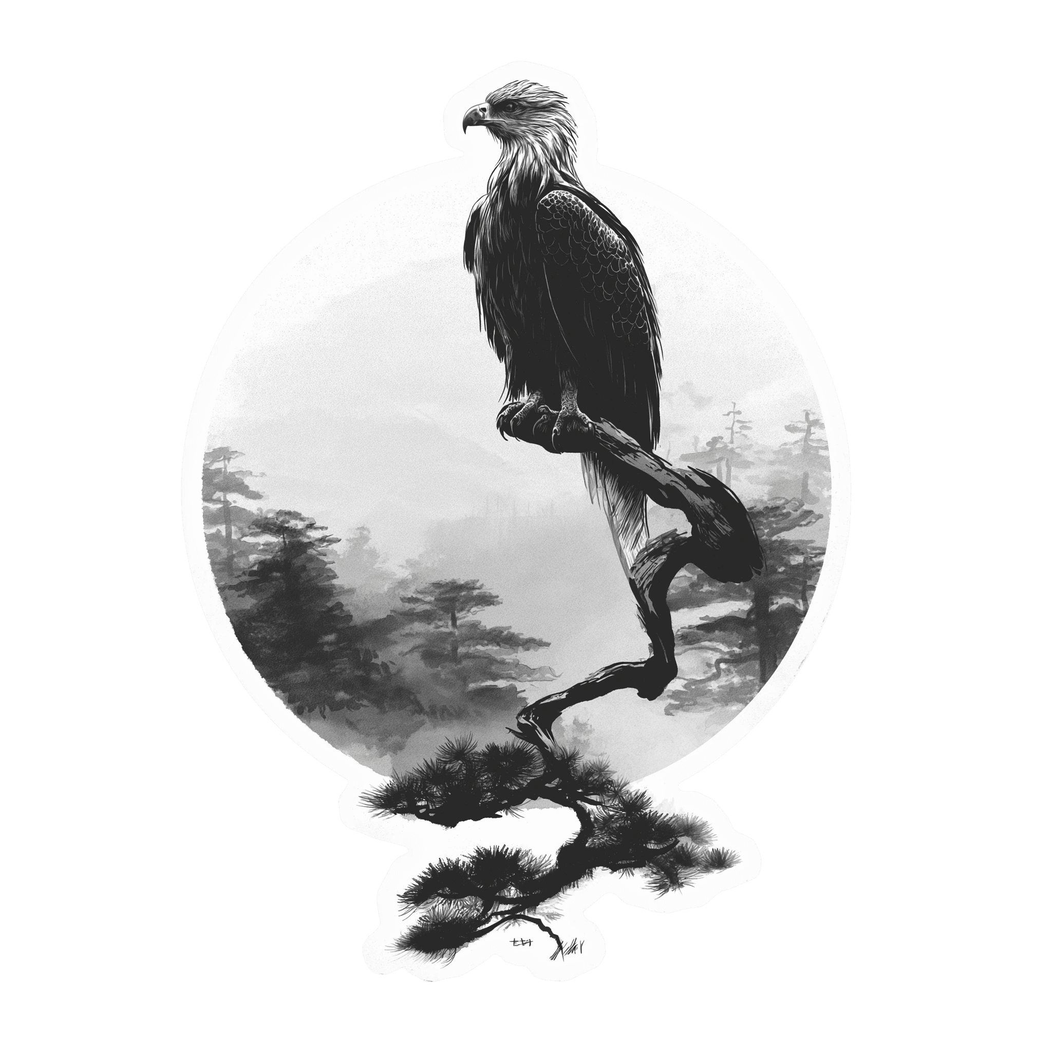 Illustration of an eagle perched on a branch within a circular frame.