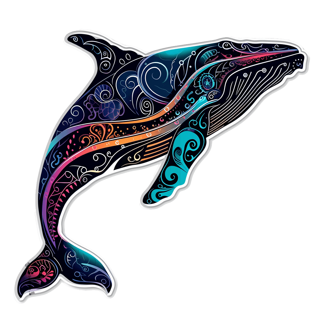 An intricate die-cut sticker of a whale filled with colorful, glowing tribal patterns and swirls in teal, magenta, and orange against a dark background.