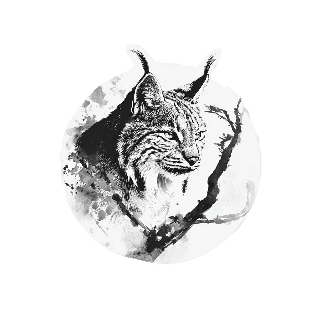 Monochrome art depicting a lynx in a watercolor style.